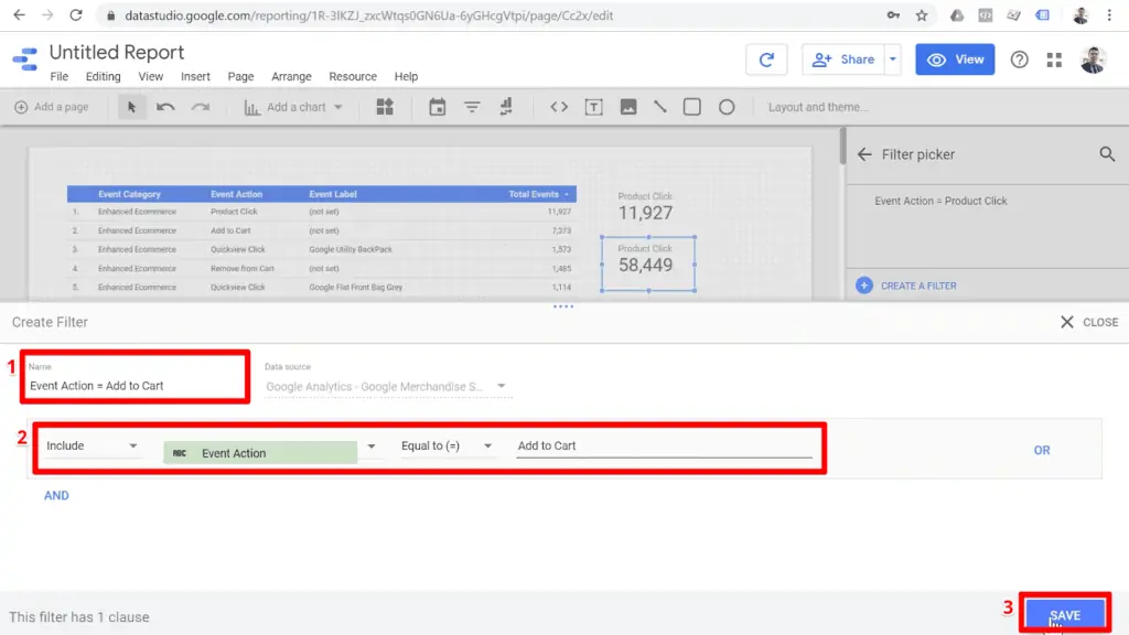 Screenshot of Add to Cart filter configuration with name, configuration, and save button highlighted