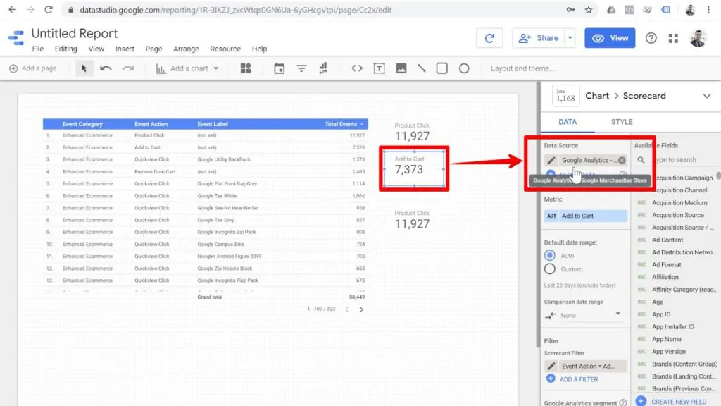 Screenshot of Add to Cart scorecard highlighted with arrow to Data Source highlighted in Looker Studio