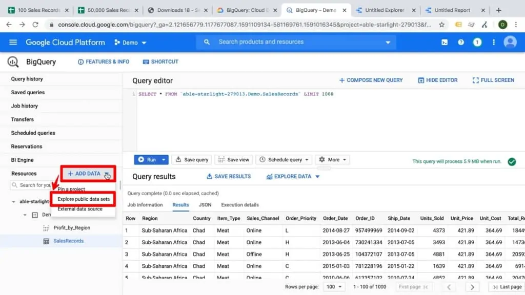 Screenshot of BigQuery dashboard with Add Data dropdown and Explore Public Data Sets selection highlighted