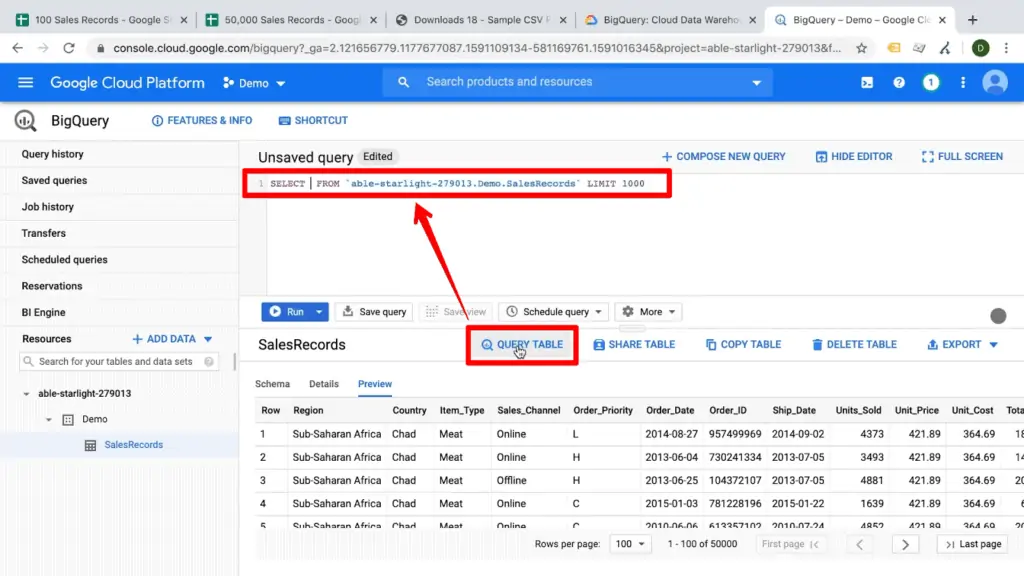 Screenshot of BigQuery dashboard with Query Table button and subsequent query template highlighted