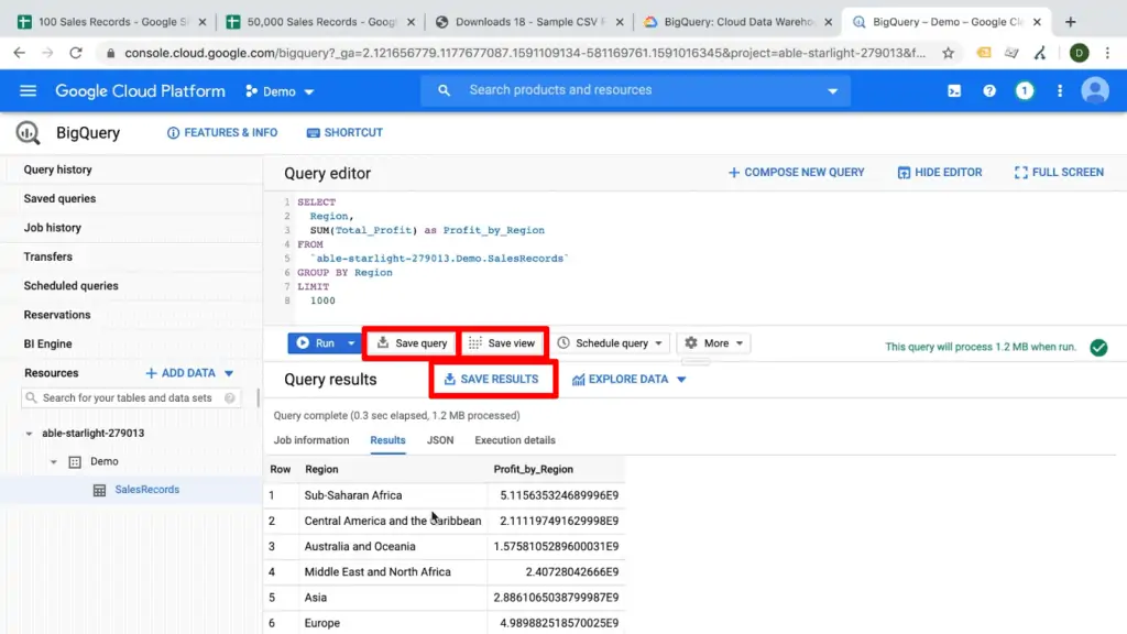 Screenshot of BigQuery dashboard with Save Query, Save View, and Save Results buttons highlighted