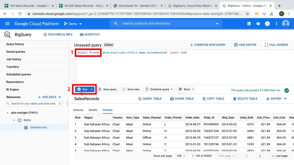 Screenshot of BigQuery dashboard with asterisk entered into selection query and Run button highlighted