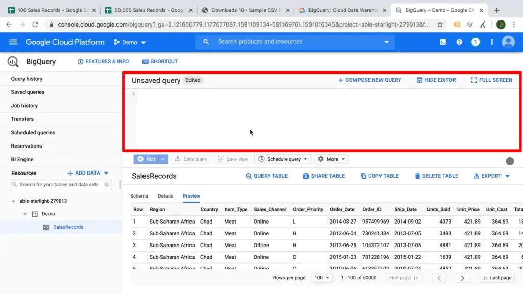 Screenshot of BigQuery dashboard with blank query field highlighted