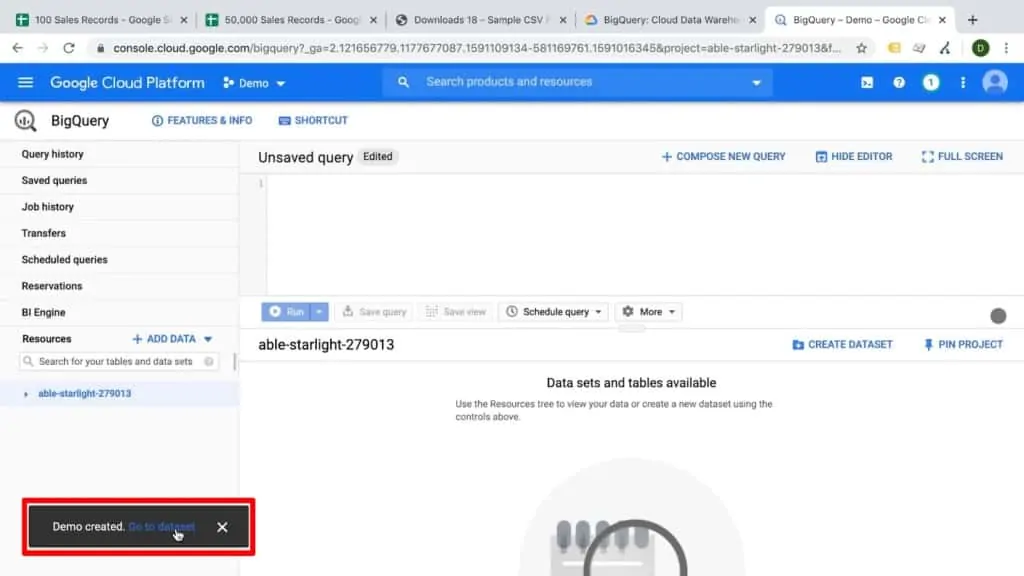 Screenshot of BigQuery dashboard with “demo created” notification highlighted