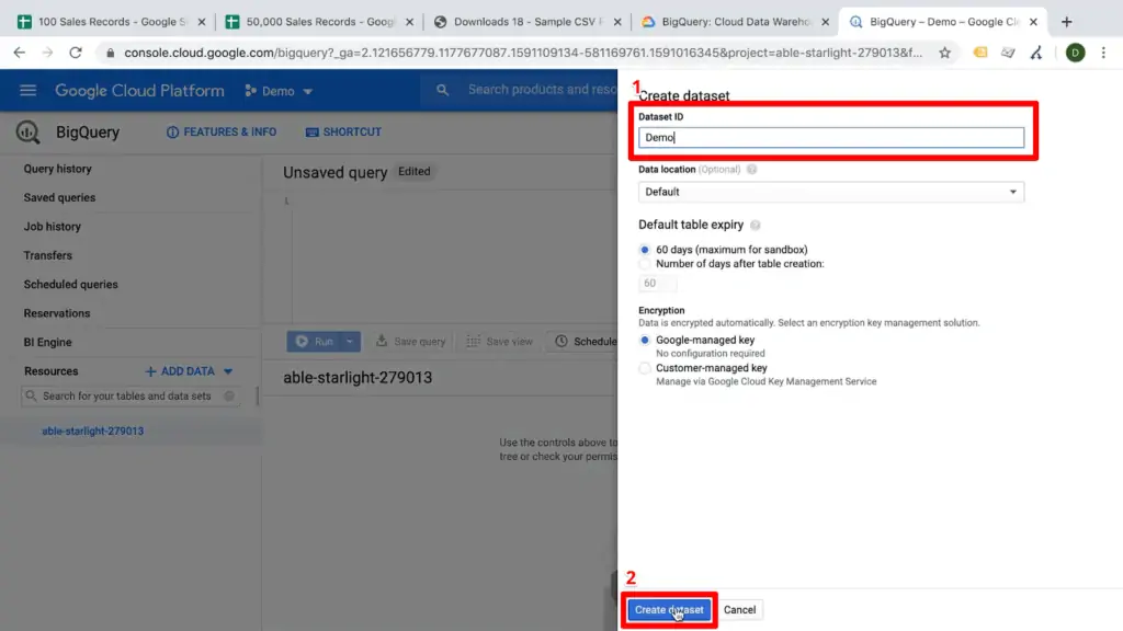 Screenshot of BigQuery dataset configuration with Dataset and create dataset button highlighted
