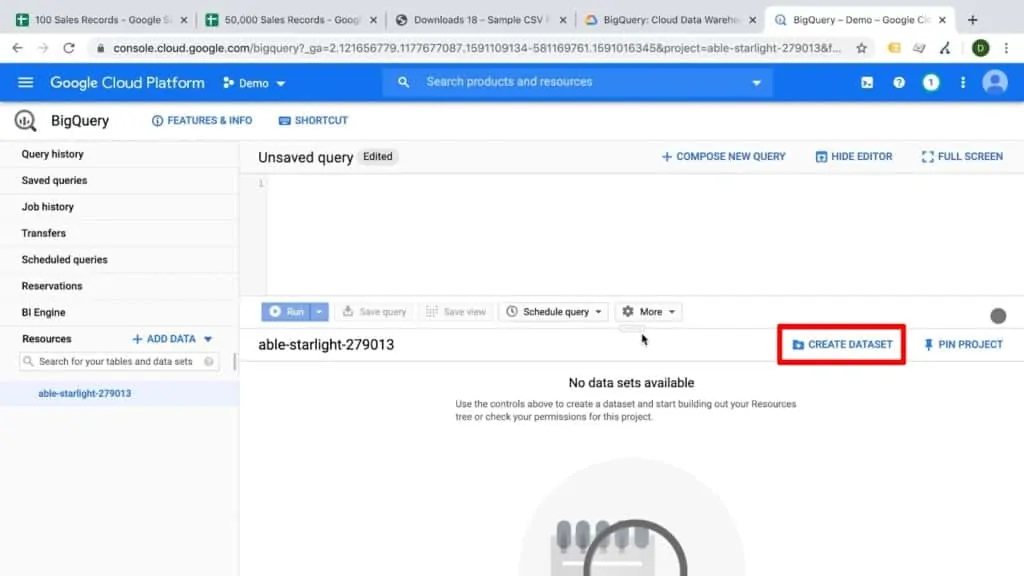 Screenshot of BigQuery with Create Dataset button highlighted