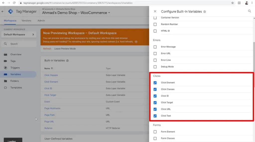 Screenshot of Configure Built-In Variables menu with all click variables checked and highlighted