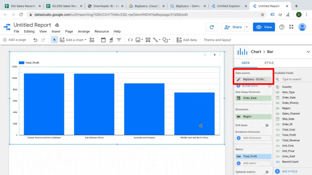 Screenshot of Data Studio bar graph with data source field highlighted, showing data from BigQuery