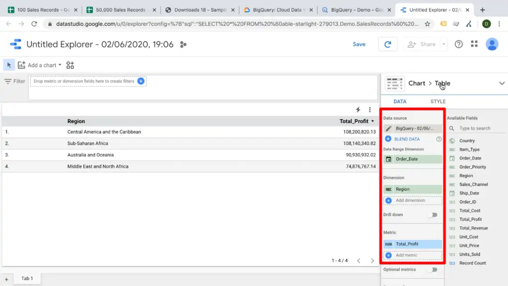 Screenshot of Data Studio dashboard with Data tab setting highlighted