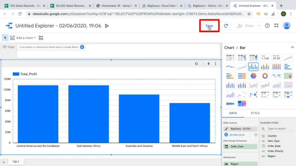Screenshot of Data Studio dashboard with Save button highlighted