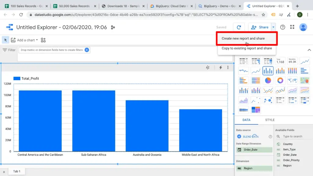 Screenshot of Data Studio with Create new report and share option from Share dropdown selected