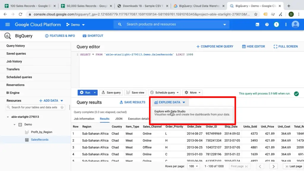 Screenshot of Explore Data dropdown and Explore with Data Studio item highlighted in BigQuery