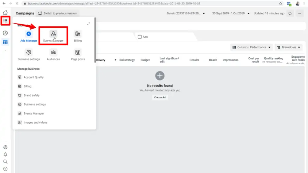 Screenshot of Meta Ads Manager dashboard with Events Manager menu item highlighted