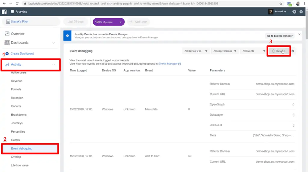 Screenshot of Meta Analytics dashboard with Activity, Event debugging, and Refresh highlighted