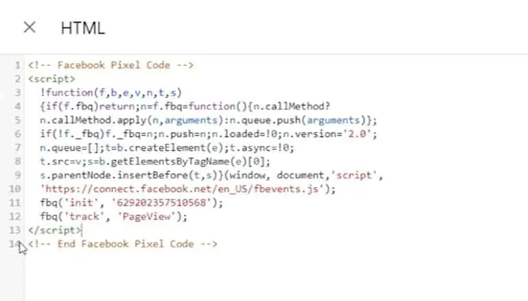 Screenshot of Meta Pixel HTML code with noscript tag deleted