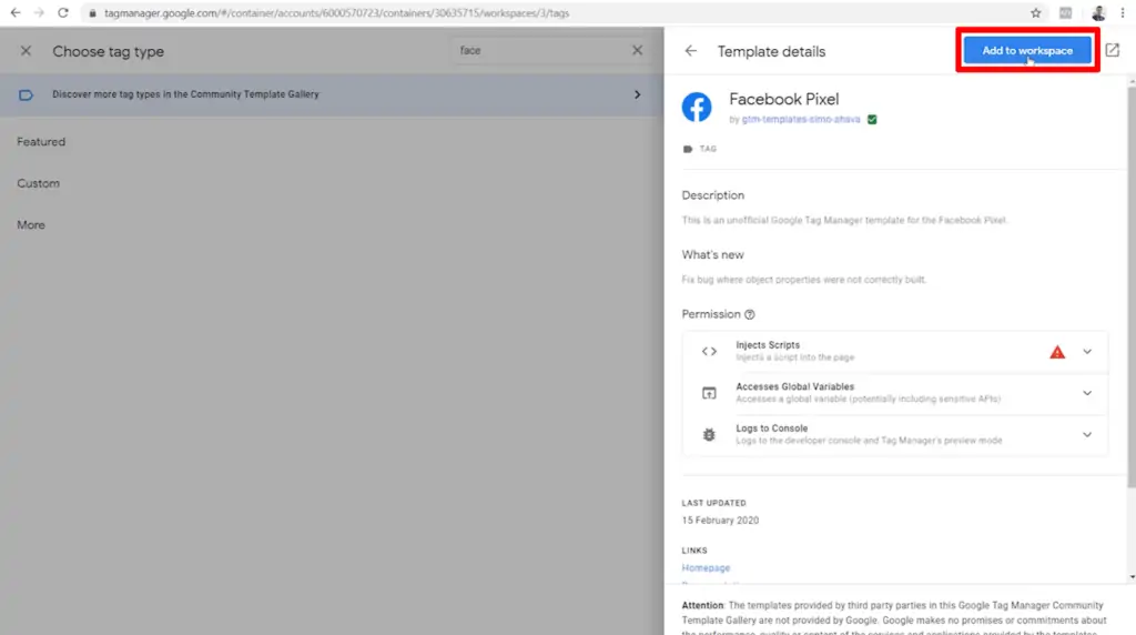 Screenshot of Meta Pixel custom template information with Add to workspace button highlighted
