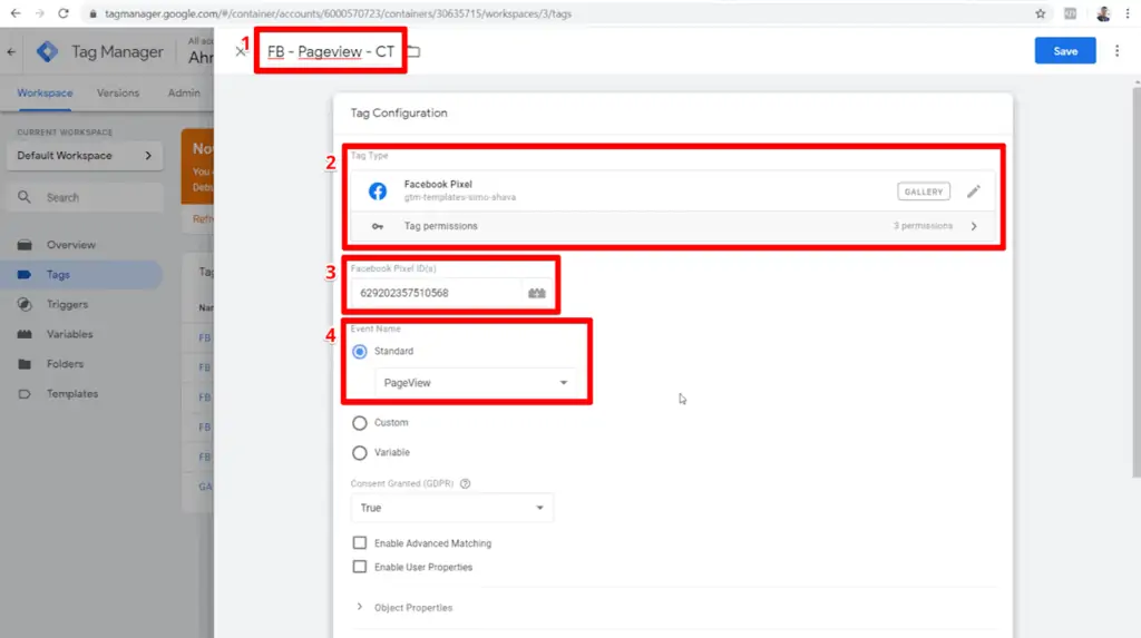 Screenshot of Meta Pixel custom template tag configuration for pageviews