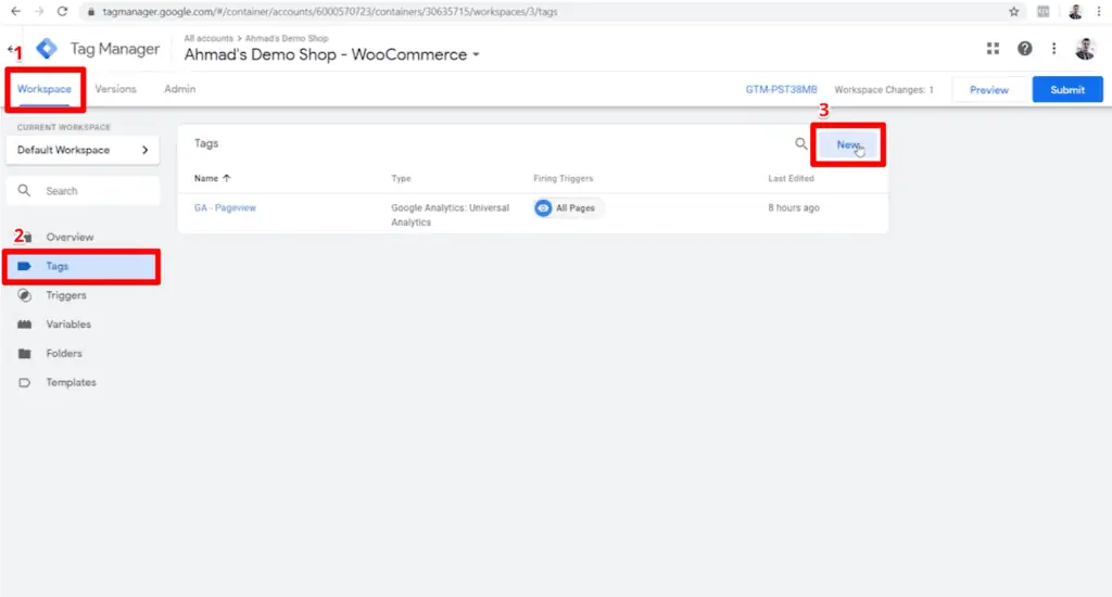 Screenshot of GTM dashboard with Workspace, Tags, and New highlighted