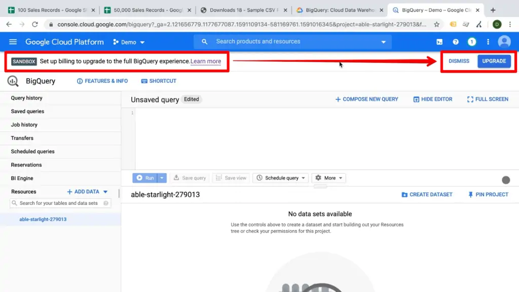 Screenshot of Google BigQuery in sandbox mode, with Dismiss and Upgrade buttons highlighted