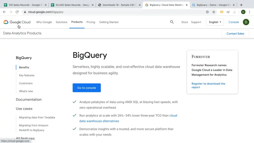 Screenshot of Google BigQuery landing page on Google Cloud