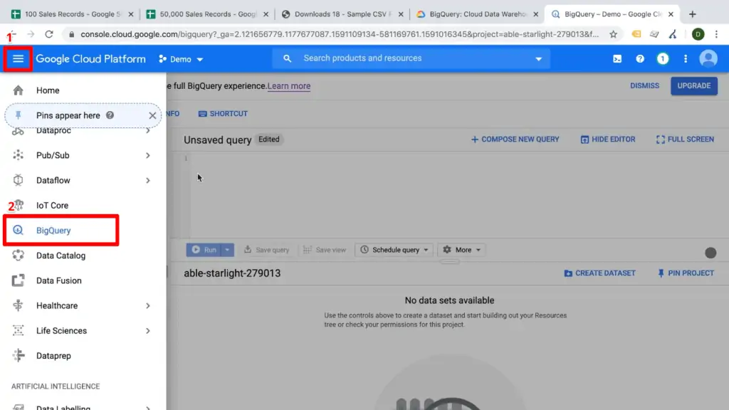 Screenshot of Google Cloud Platform with topbar menu button and BigQuery menu item highlighted