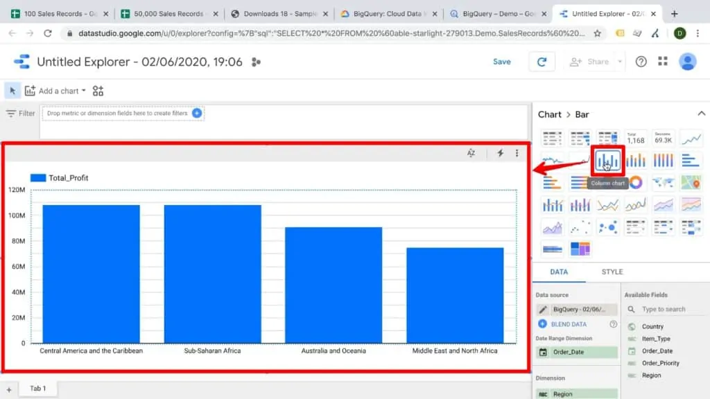 Screenshot of Google Data Studio visualization being changed to a bar graph