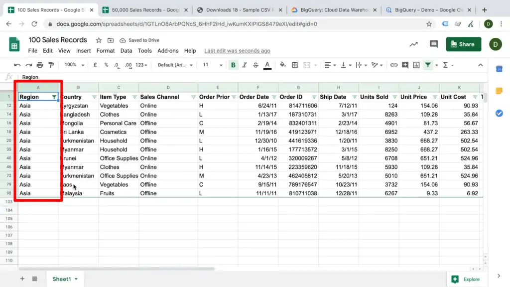 Screenshot of Google Sheets document displaying results filtered by column data