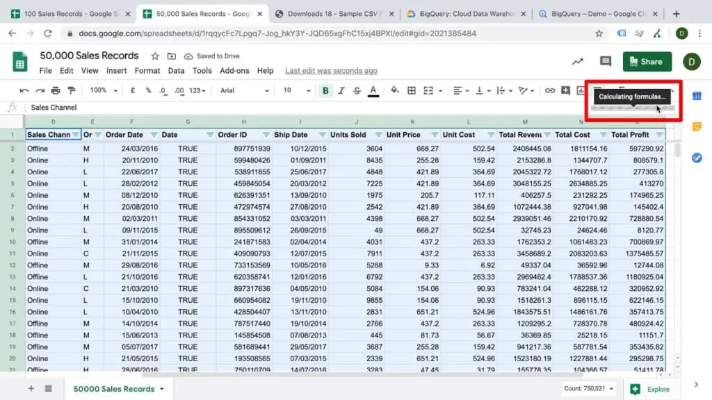 Screenshot of Google Sheets document stalling while calculating formulas