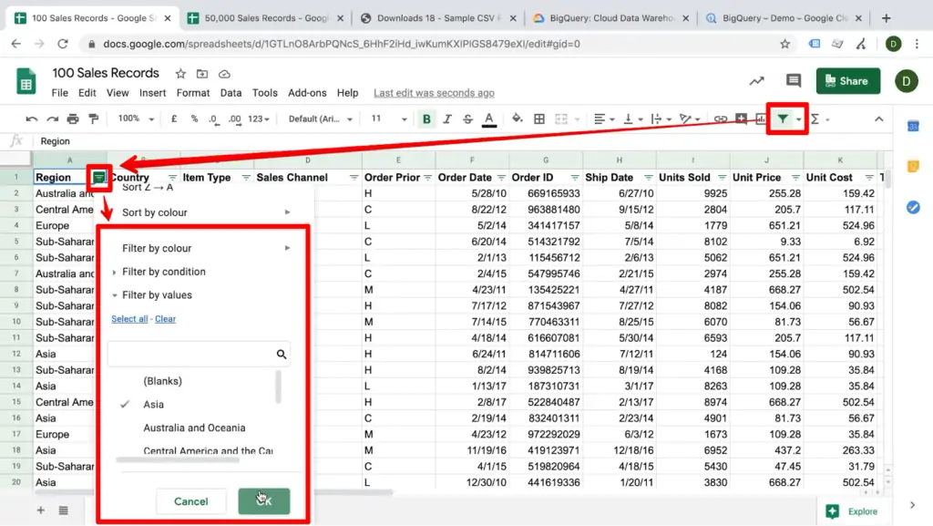 Screenshot of Google Sheets document with arrows pointing from the topbar filter button to a column filter button to the filter menu