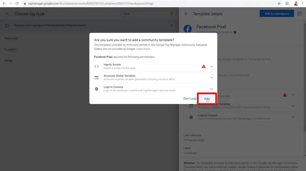 Screenshot of Google Tag Manager community template popup with Add button highlighted