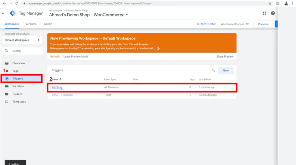 Screenshot of Google Tag Manager container with Triggers and All Clicks trigger highlighted