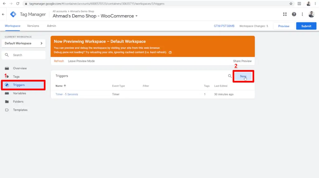 Screenshot of Google Tag Manager container with Triggers and New button highlighted