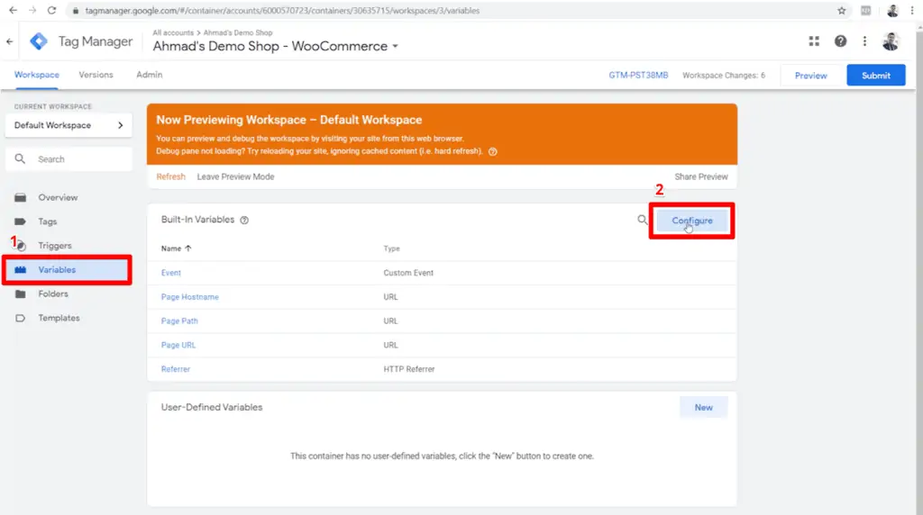 Screenshot of Google Tag Manager container with Variables and Configure button highlighted