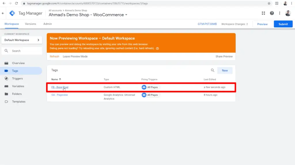 Screenshot of Google Tag Manager dashboard with FB - Base Pixel tag highlighted