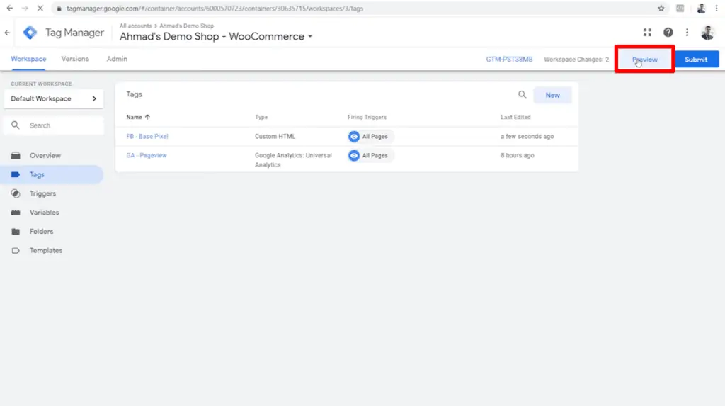 Screenshot of Google Tag Manager dashboard with Preview button highlighted