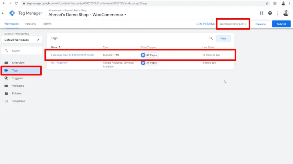 Screenshot of Google Tag Manager dashboard with new Meta Pixel tag and zero workspace changes