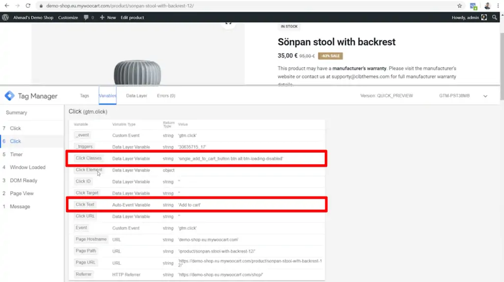 Screenshot of Google Tag Manager on shop product page, with variables Click Classes and Click Text highlighted