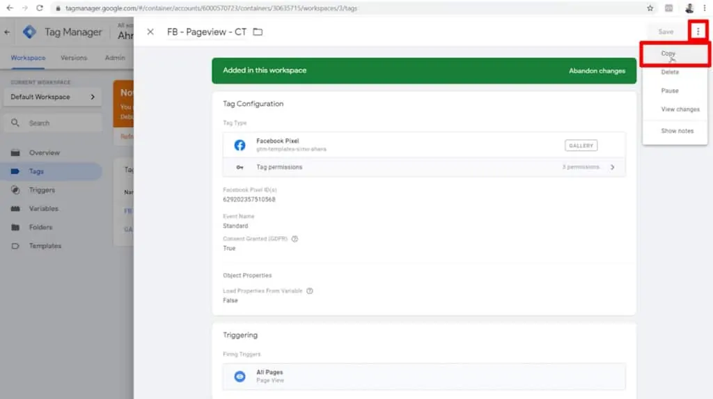 Screenshot of Google Tag Manager tag configurations with more options menu and Copy option highlighted