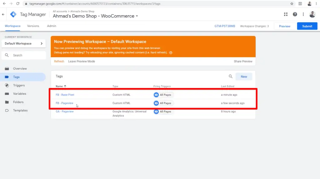 Screenshot of Google Tag Manager with base pixel and pageview tags highlighted