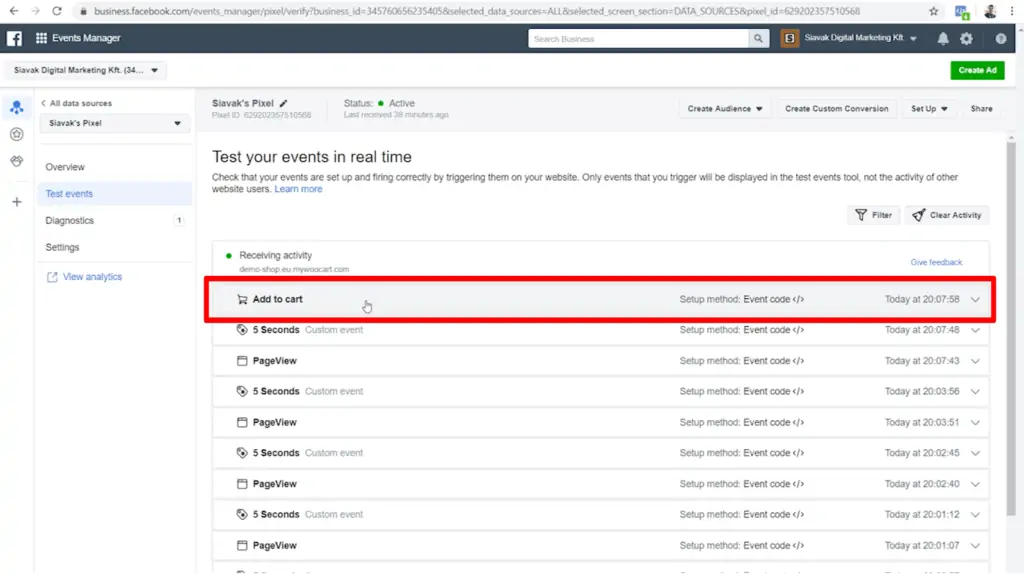 Screenshot of Pixel Events Manager Test events page with Add to cart event highlighted