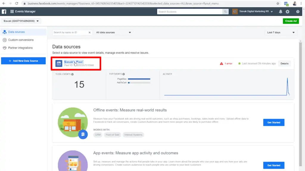 Screenshot of Pixel Events Manager data sources page with pixel data source highlighted