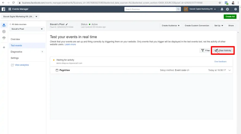 Screenshot of Pixel Events Manager test events page with Clear Activity highlighted