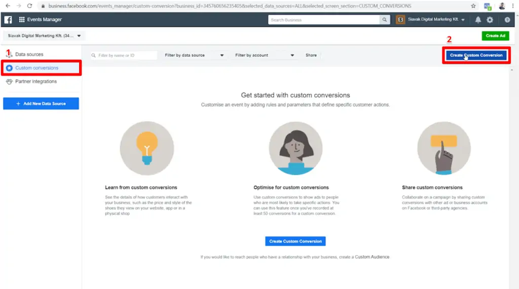 Screenshot of Pixel Events Manager with Custom Conversions and Create Custom Conversions button highlighted