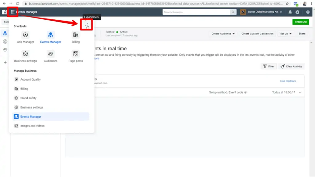 Screenshot of Pixel Events Manager with business tools menu icon and expand menu icon highlighted