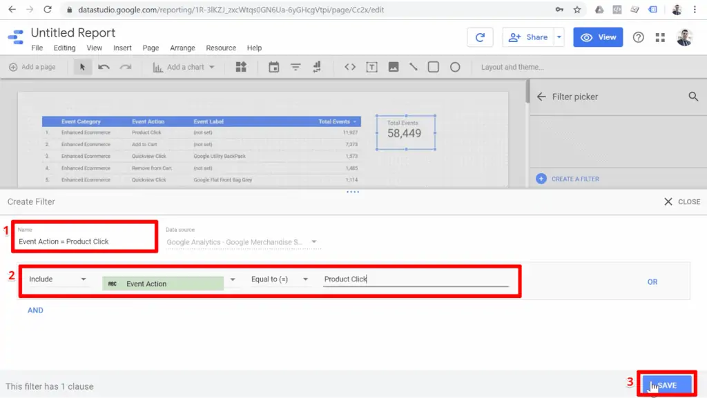 Screenshot of Product Click filter configuration with name, configuration settings, and save button highlighted