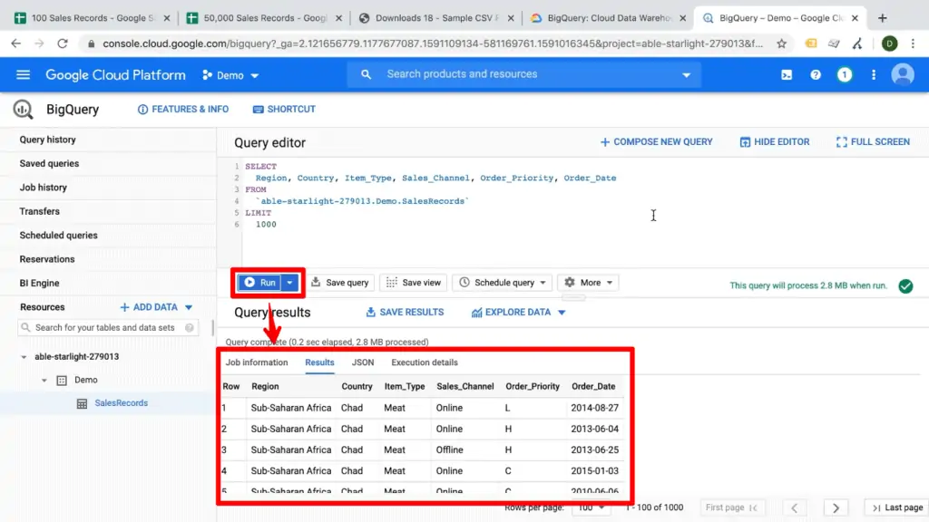Screenshot of Run button highlighted with arrow pointing to query results on BigQuery