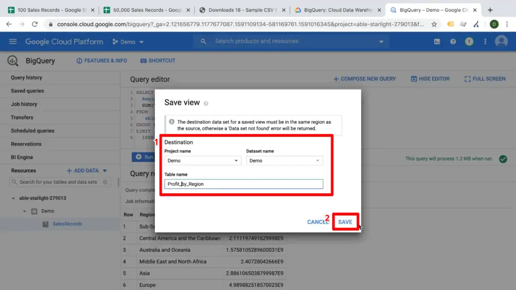 Screenshot of Save View configurations in Big Query, with Destination section highlighted and filled out with demo project and Save button highlighted