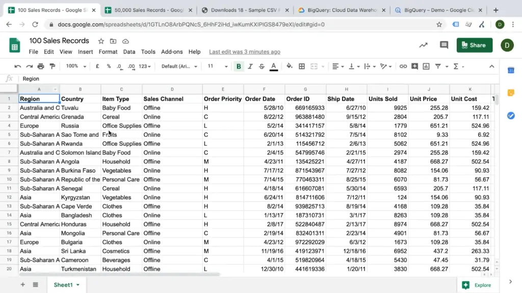 Screenshot of a Google Sheets document titled “100 Sales Records” featuring several columns for different types of data