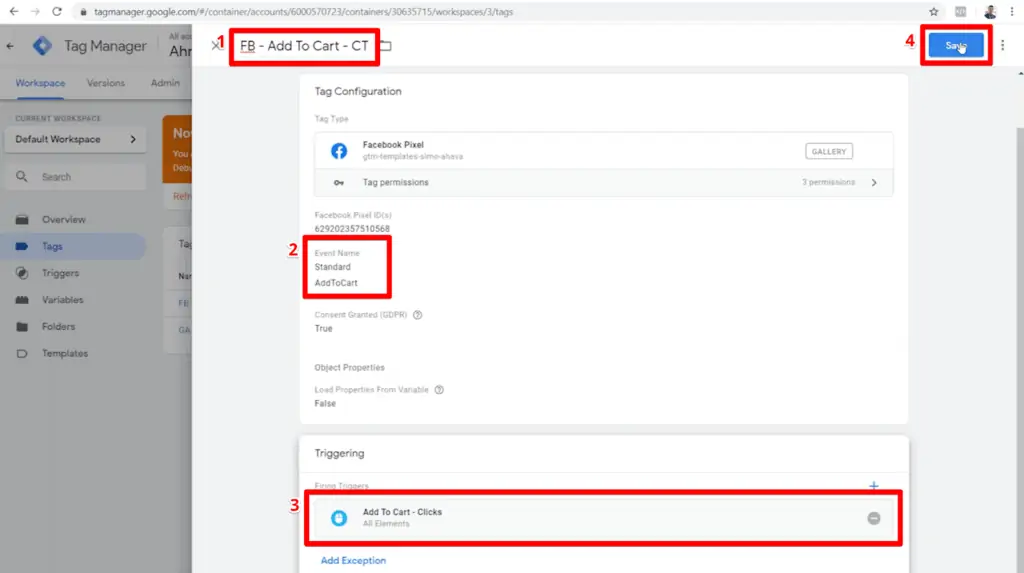 Screenshot of add-to-cart tag configuration with custom template