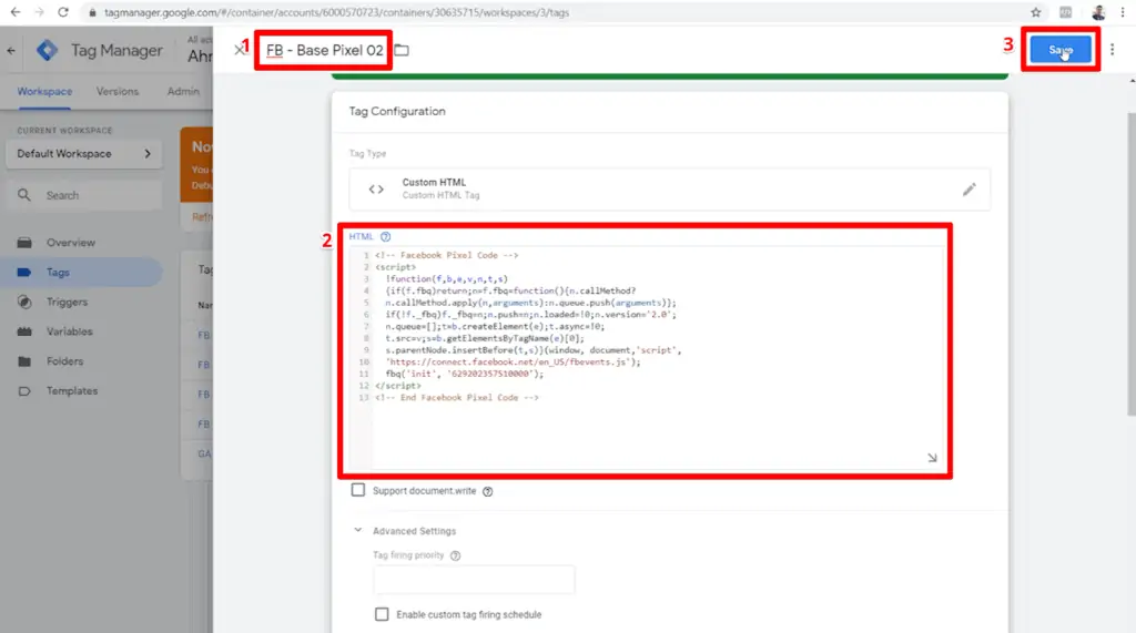 Screenshot of base pixel 2 tag configuration with name, HTML, and Save button highlighted